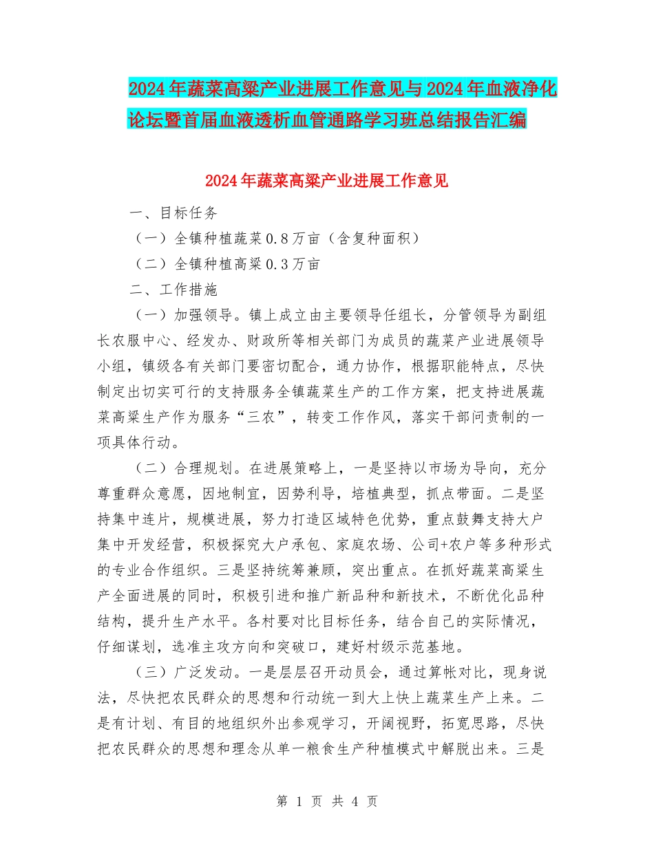 2024年蔬菜高粱产业发展工作意见与2024年血液净化论坛暨首届血液透析血管通路学习班总结报告汇编_第1页