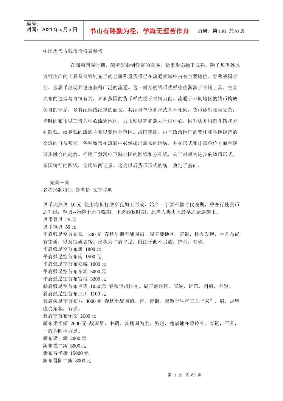 中国历代古钱币价格表参考_第1页