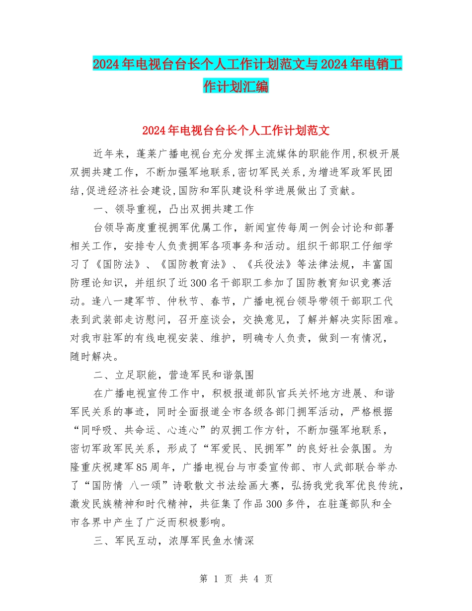 2024年电视台台长个人工作计划范文与2024年电销工作计划汇编_第1页