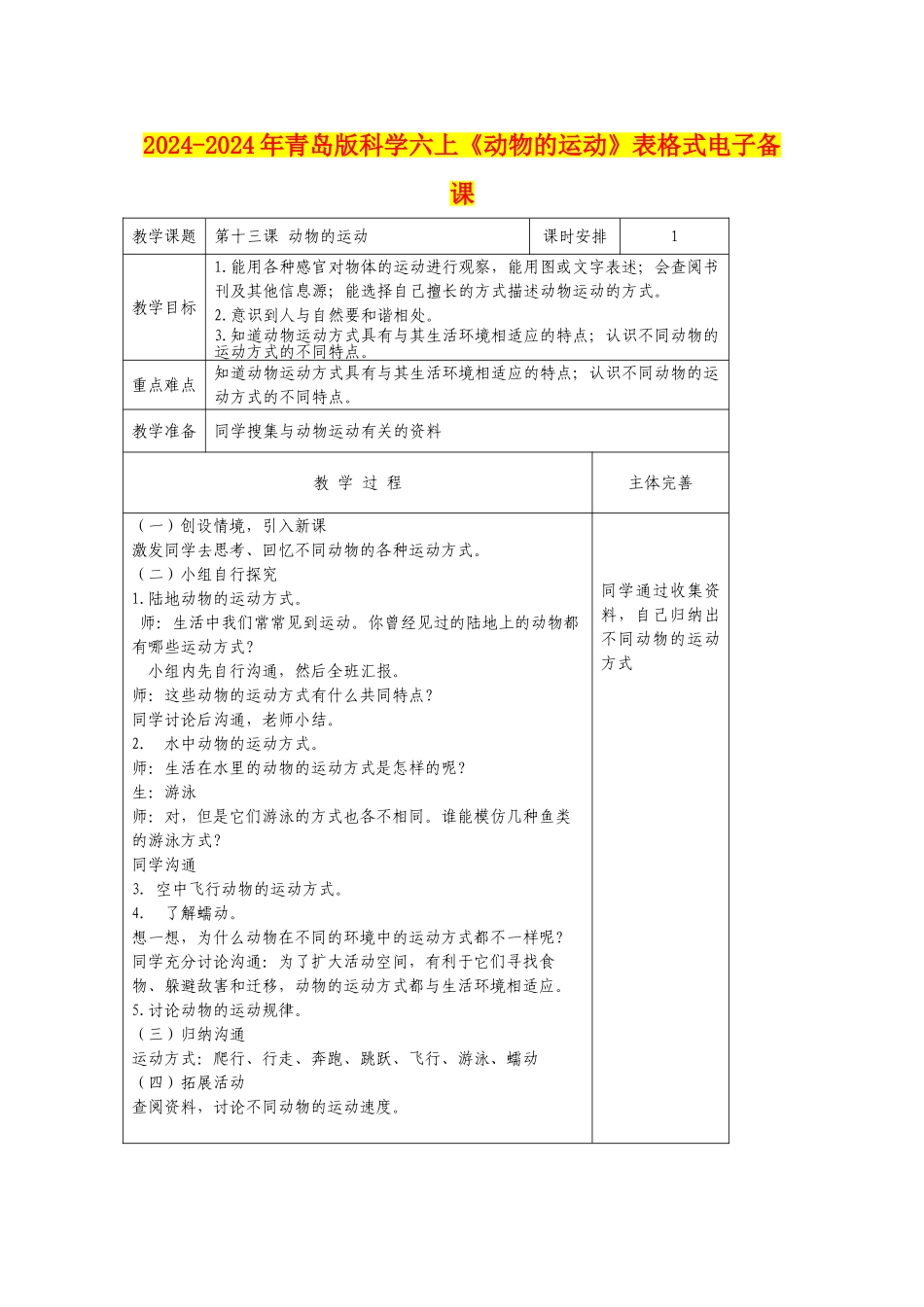 2024-2024年青岛版科学六上《动物的运动》表格式电子备课_第1页
