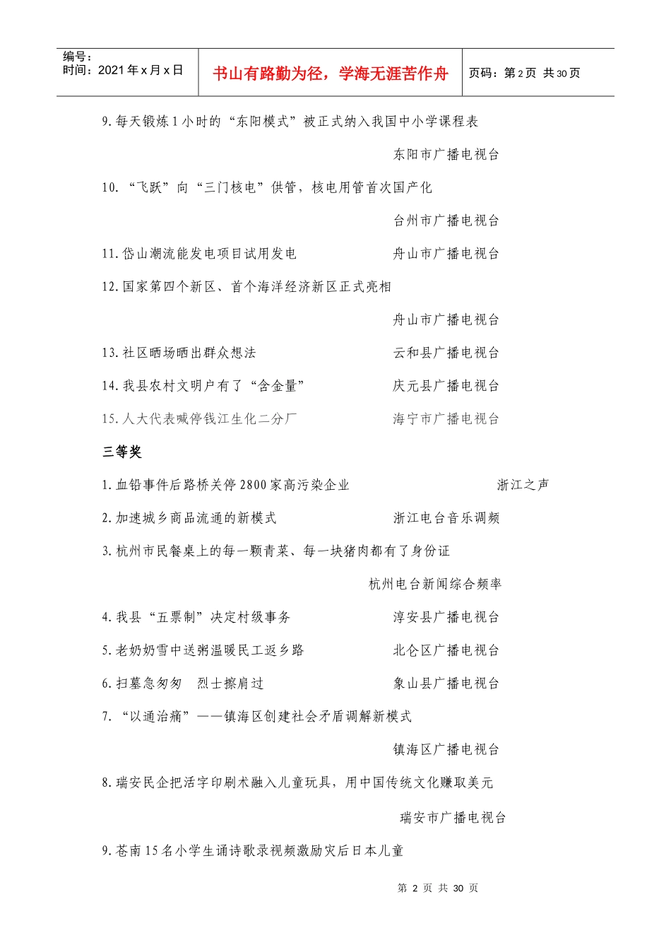 XXXX年度浙江省广播电视新闻奖获奖作品目录_第2页