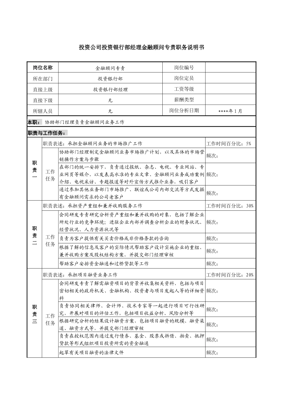 投资公司投资银行部经理金融顾问专责职务说明书_第1页