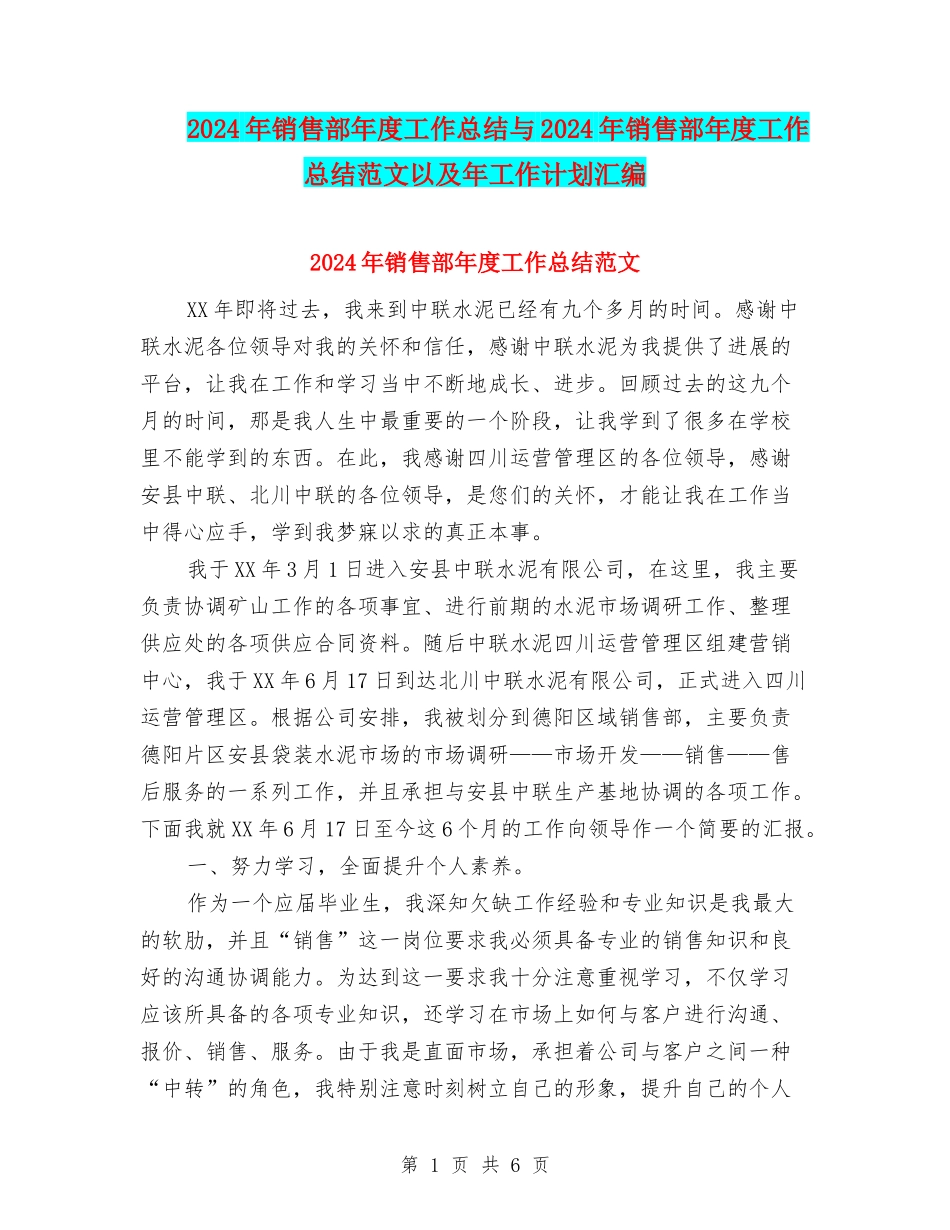 2024年销售部年度工作总结与2024年销售部年度工作总结范文以及年工作计划汇编_第1页