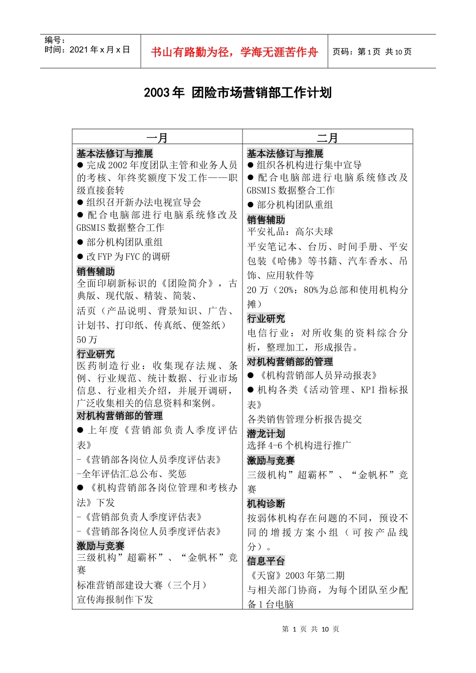 团险市场营销部工作计划_第1页
