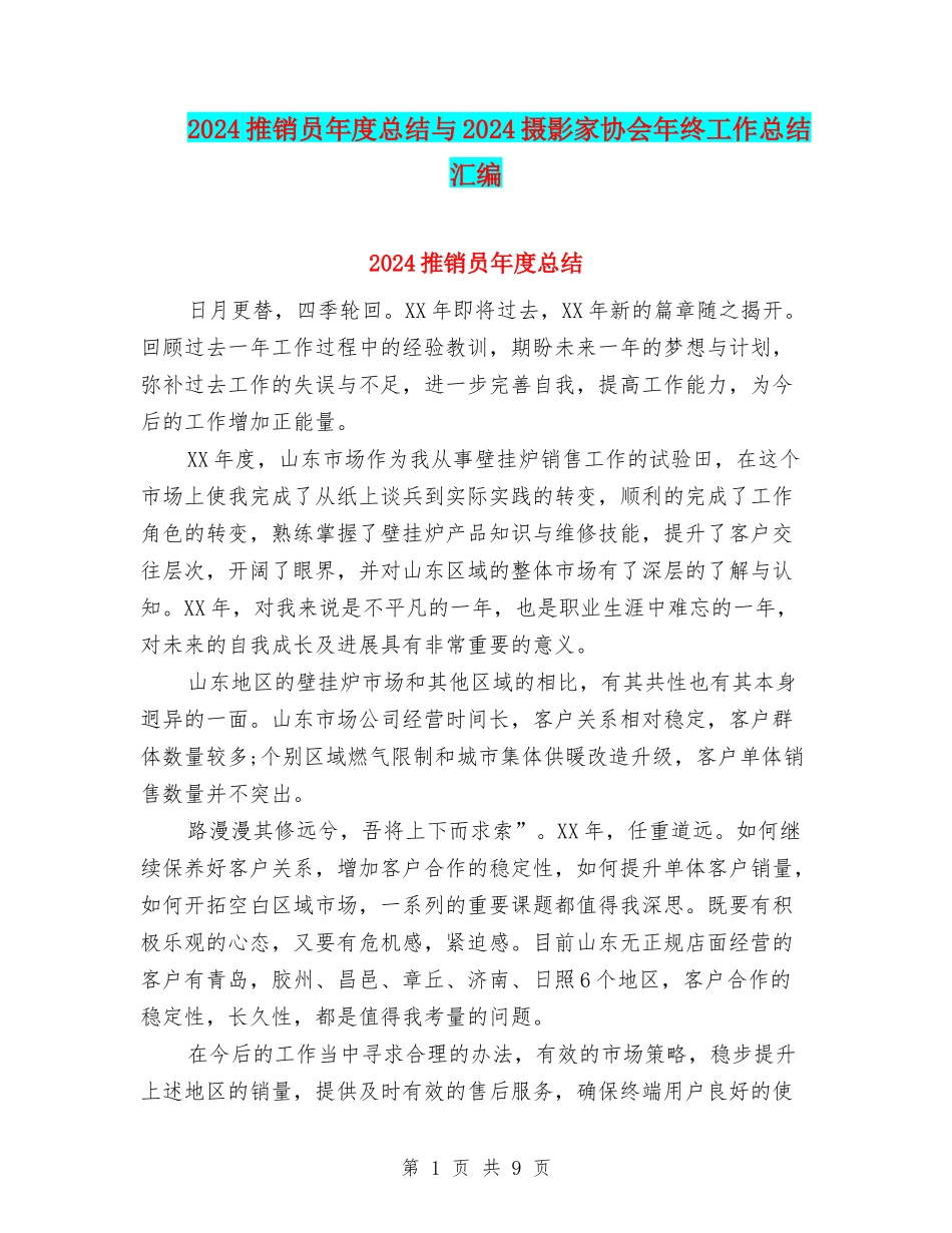 2024推销员年度总结与2024摄影家协会年终工作总结汇编_第1页