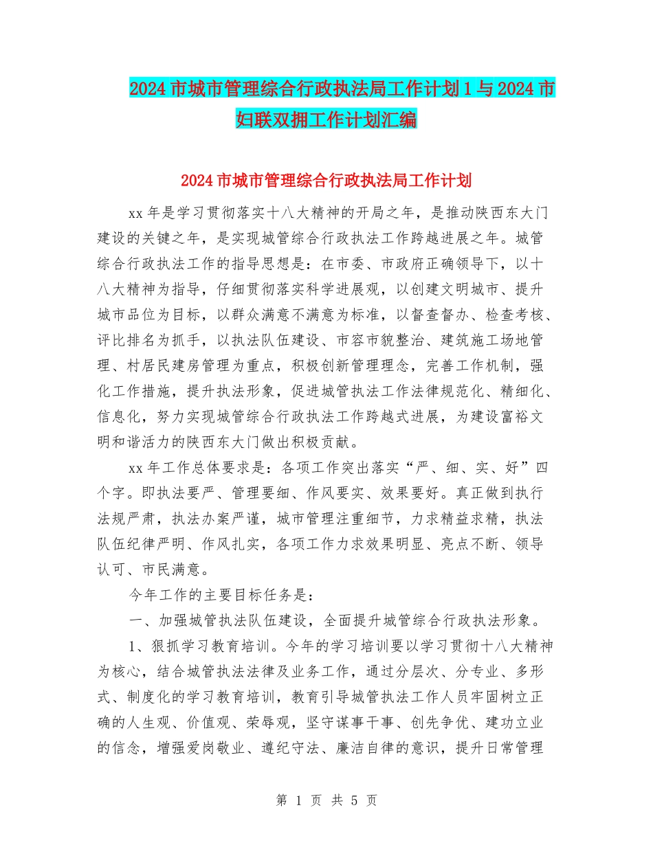 2024市城市管理综合行政执法局工作计划1与2024市妇联双拥工作计划汇编_第1页