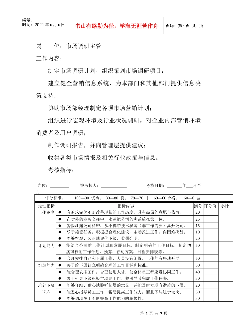 岗位工作内容和年度定性考核指-市场调研主管_第1页