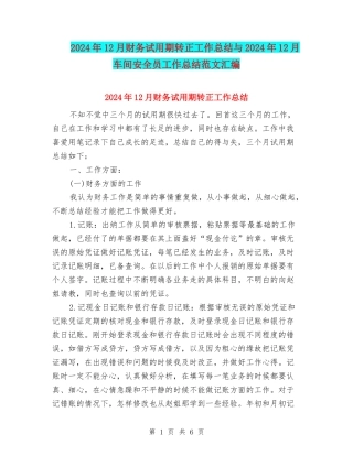 2024年12月财务试用期转正工作总结与2024年12月车间安全员工作总结范文汇编