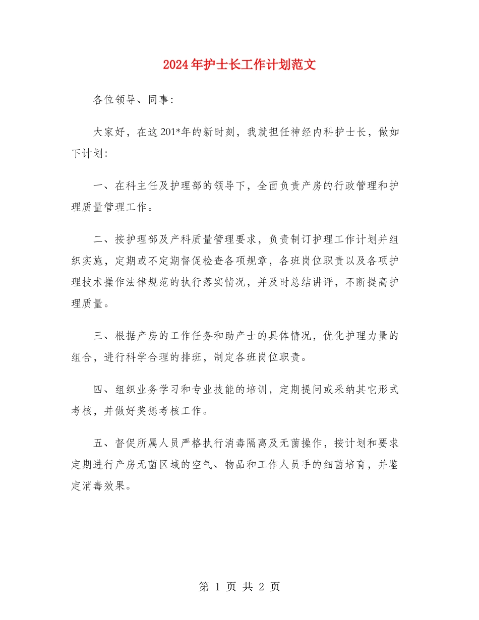 2024年护士长工作计划范文_第1页