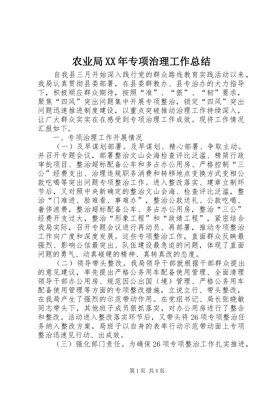 农业局XX年专项治理工作总结_第1页
