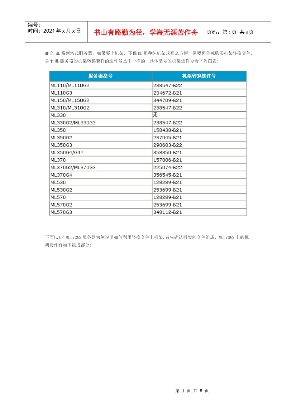 HP Proliant ML系列服务器上机架操作方法_第1页