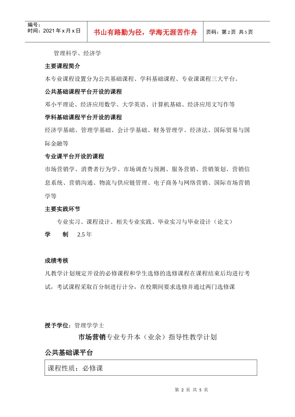 市场营销专业专升本（业余）人才培养方案_第2页