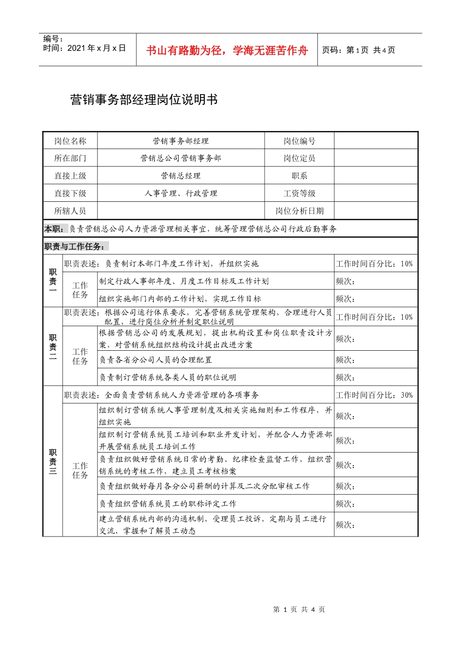 制鞋企业营销事务部经理岗位说明书1_第1页