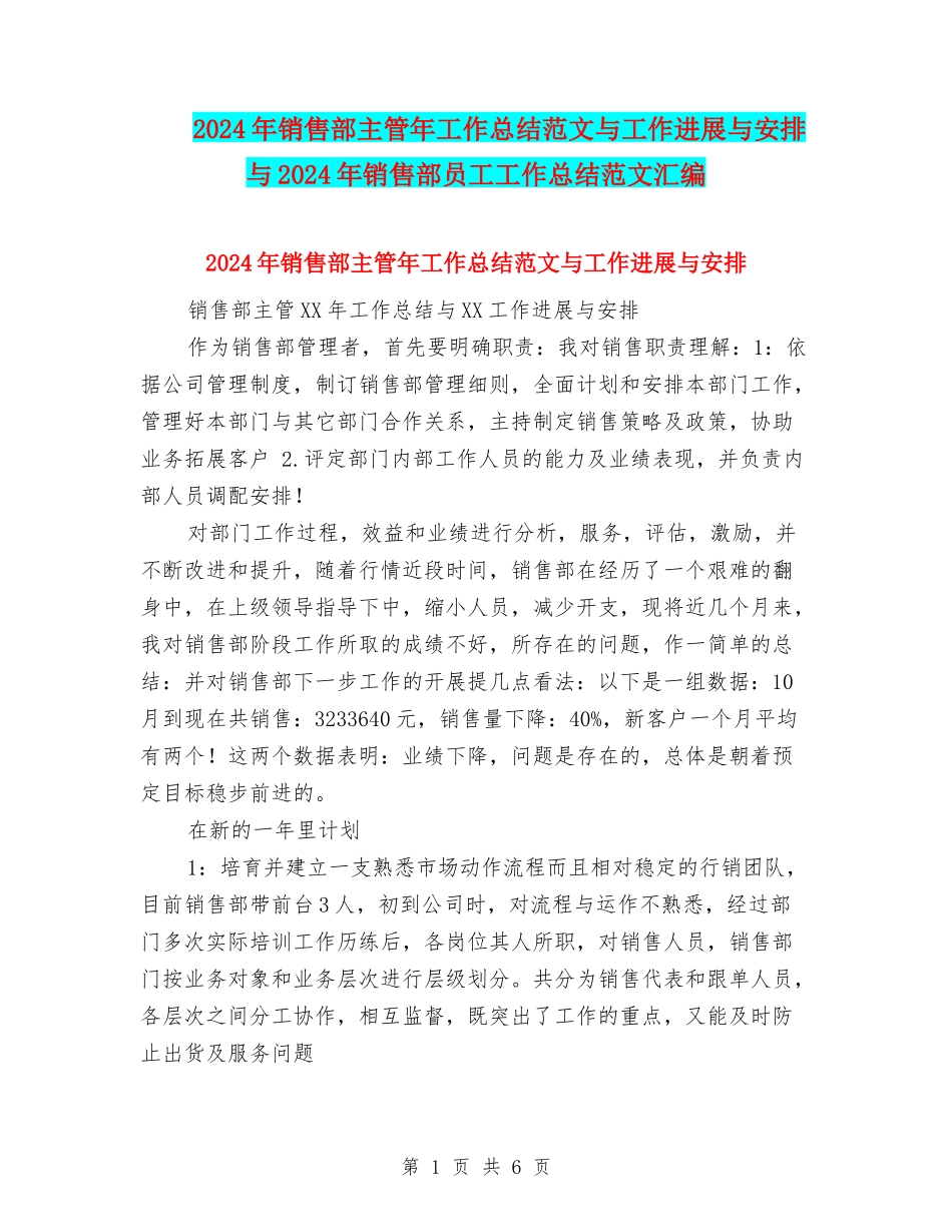 2024年销售部主管年工作总结范文与工作进展与安排与2024年销售部员工工作总结范文汇编_第1页