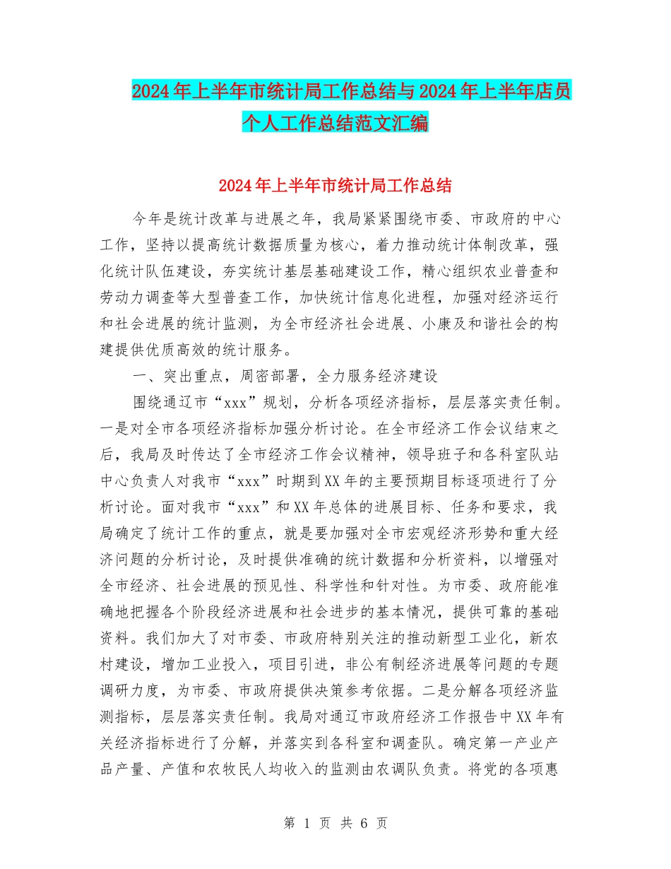 2024年上半年市统计局工作总结与2024年上半年店员个人工作总结范文汇编_第1页