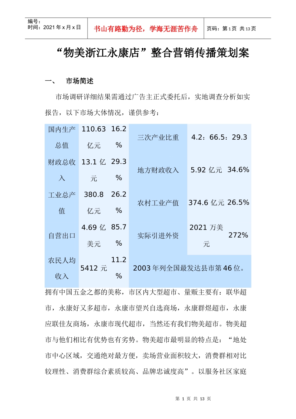 “物美浙江永康店”整合营销传播策划案_第1页