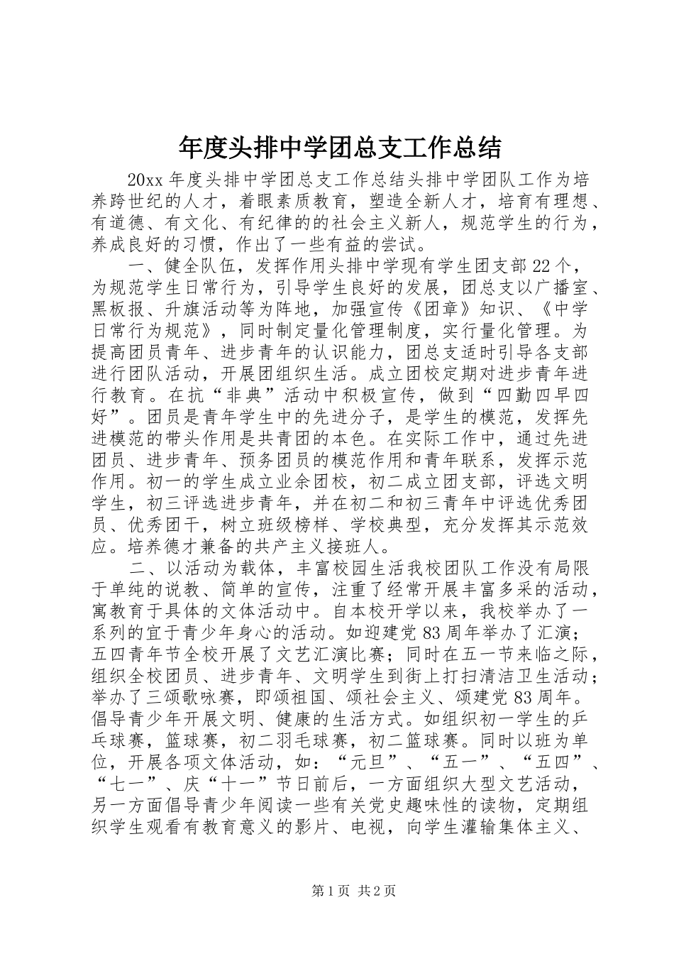 年度头排中学团总支工作总结_第1页