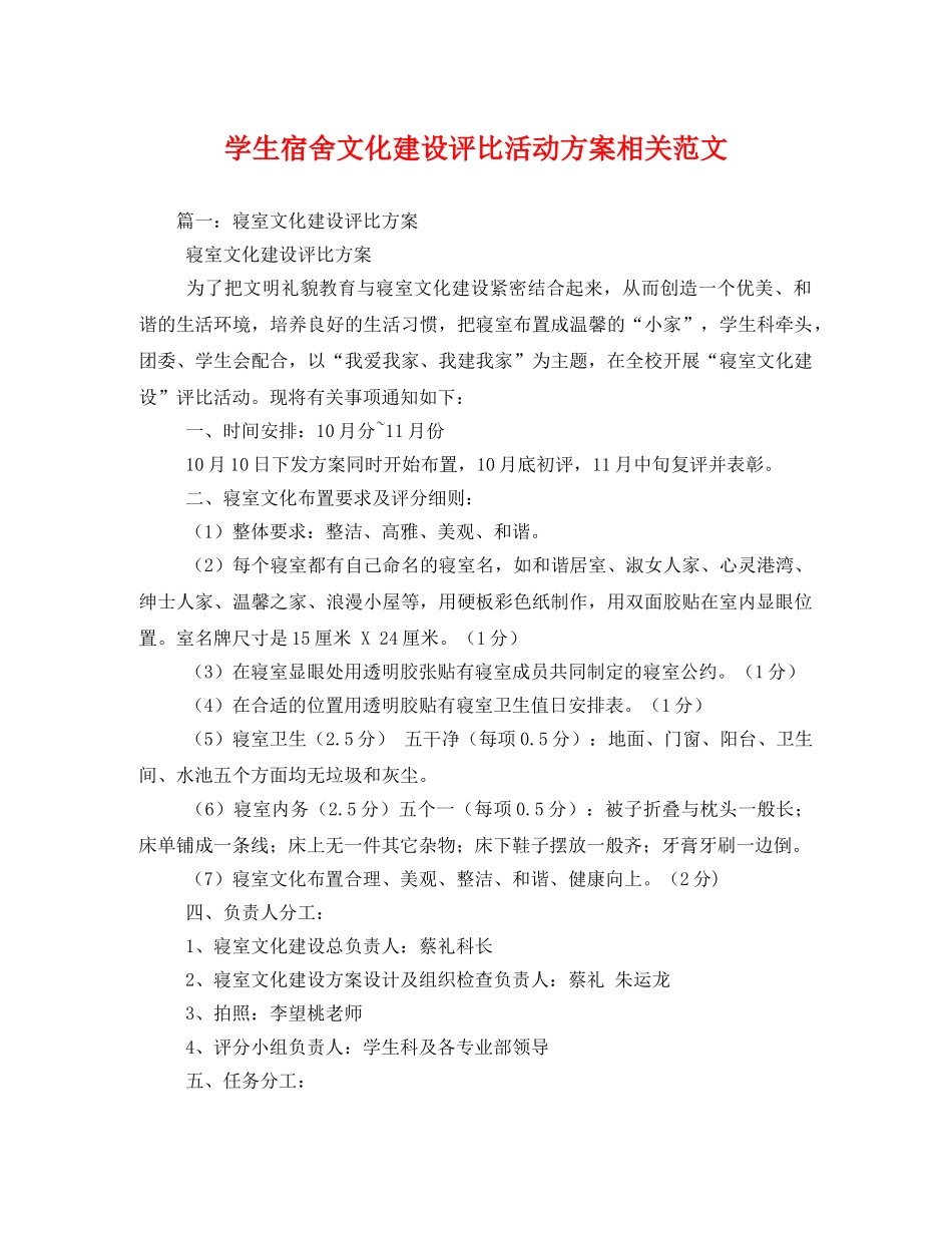 学生宿舍文化建设评比活动方案相关范文 _第1页