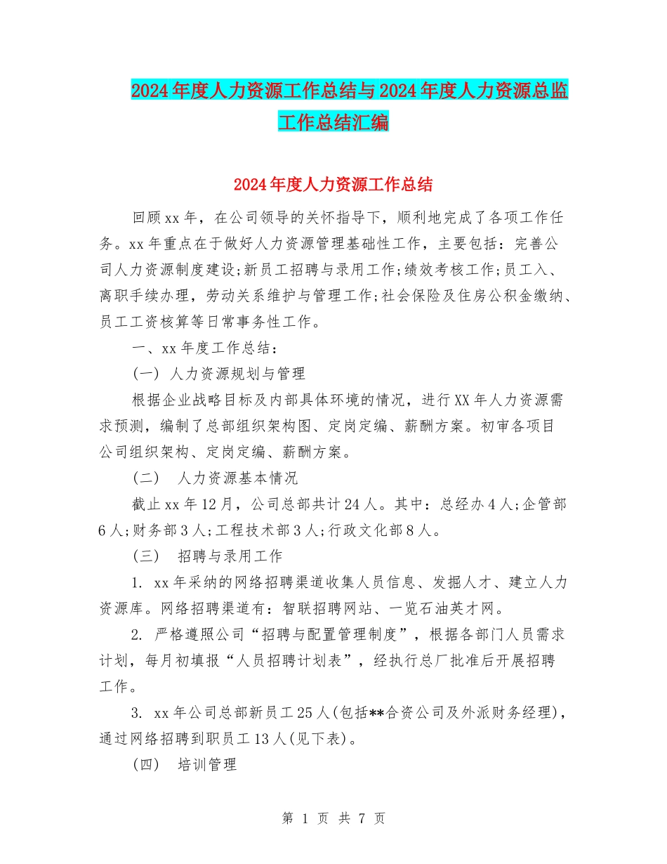 2024年度人力资源工作总结与2024年度人力资源总监工作总结汇编_第1页