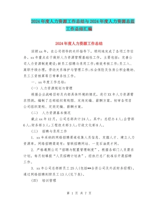 2024年度人力资源工作总结与2024年度人力资源总监工作总结汇编
