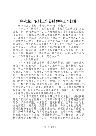 年农业、农村工作总结和年工作打算