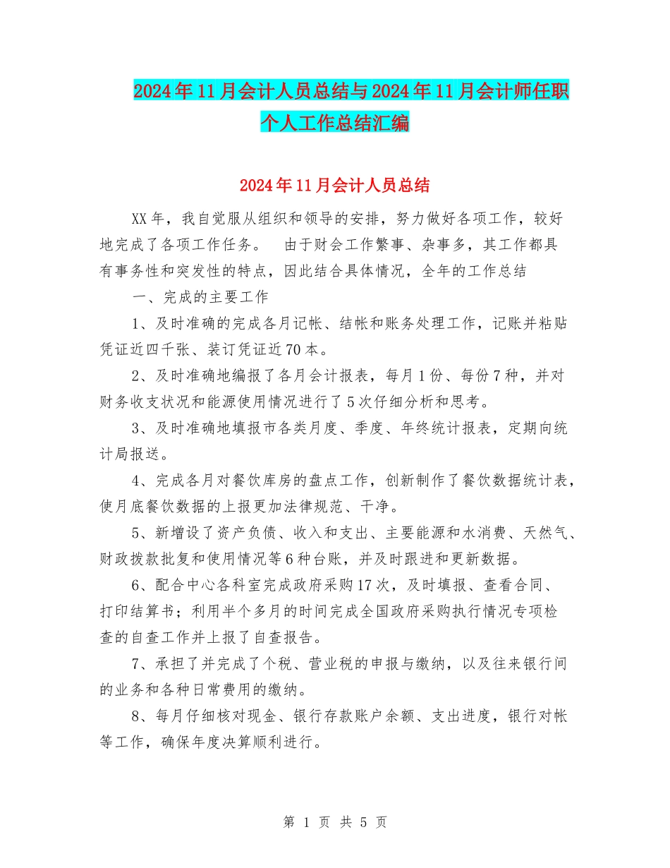 2024年11月会计人员总结与2024年11月会计师任职个人工作总结汇编_第1页