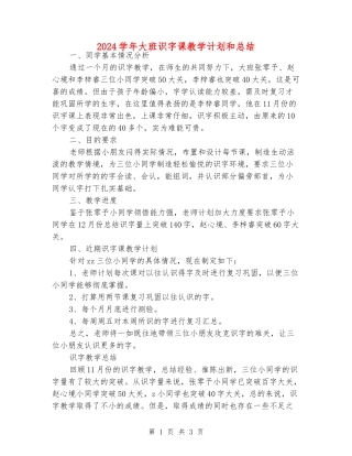 2024学年大班识字课教学计划和总结