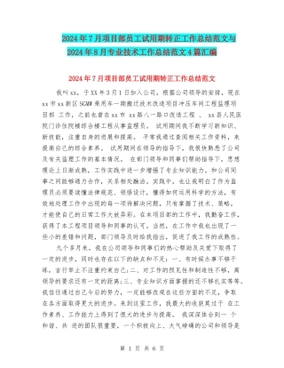 2024年7月项目部员工试用期转正工作总结范文与2024年8月专业技术工作总结范文4篇汇编