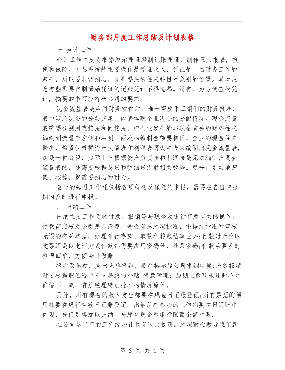 财务部月度工作总结及计划表格_第2页