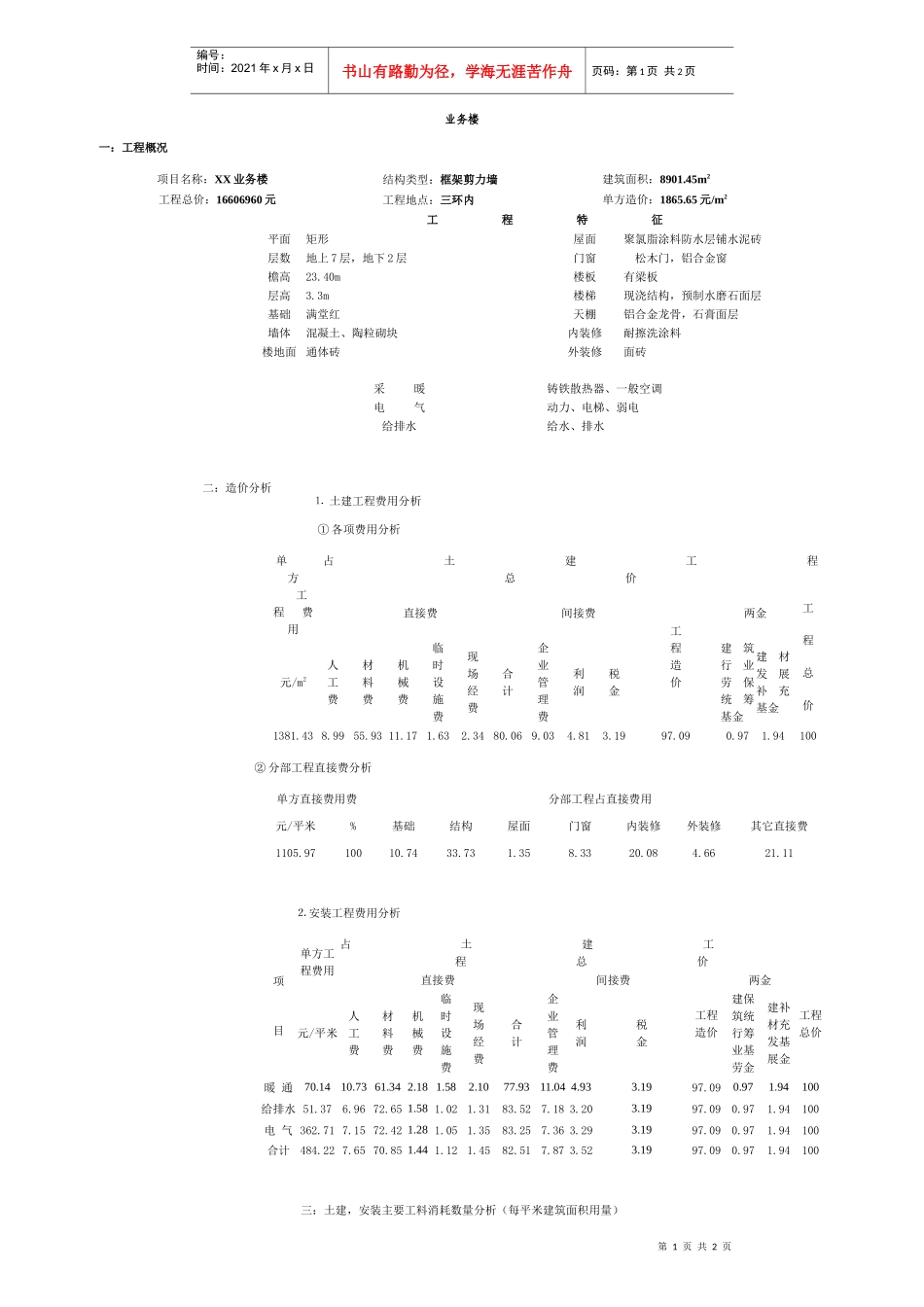 北京某业务楼造价分析_第1页
