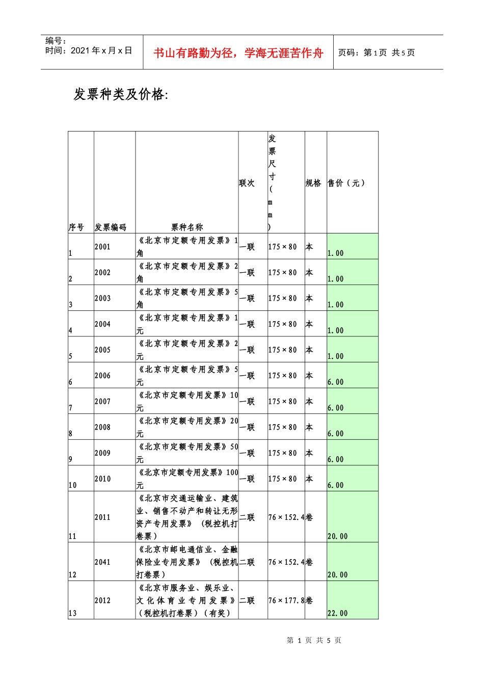 发票种类及价格：_第1页