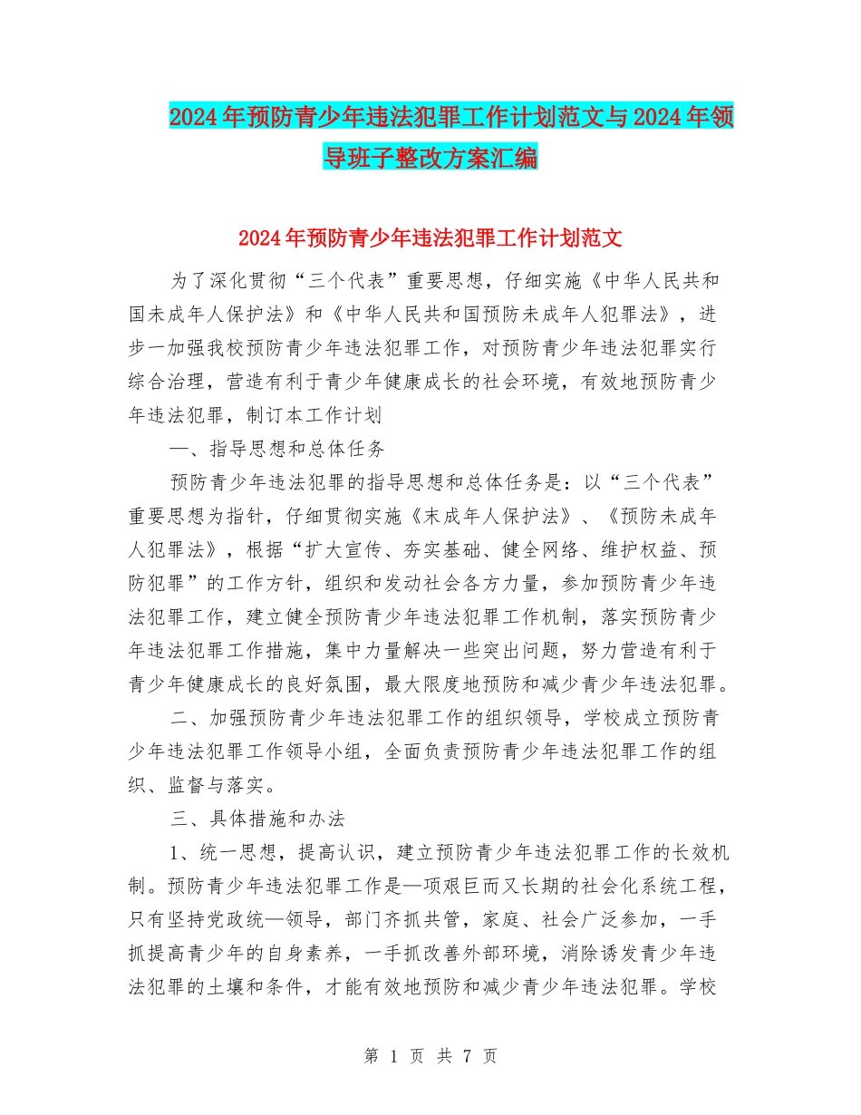 2024年预防青少年违法犯罪工作计划范文与2024年领导班子整改方案汇编_第1页