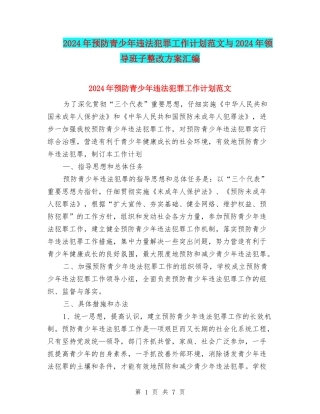 2024年预防青少年违法犯罪工作计划范文与2024年领导班子整改方案汇编
