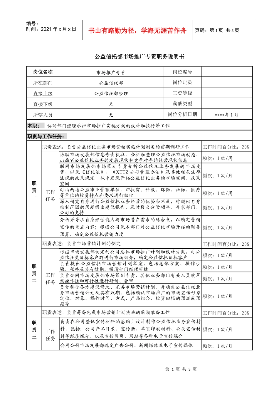 公益信托部市场推广专责职务说明书_第1页