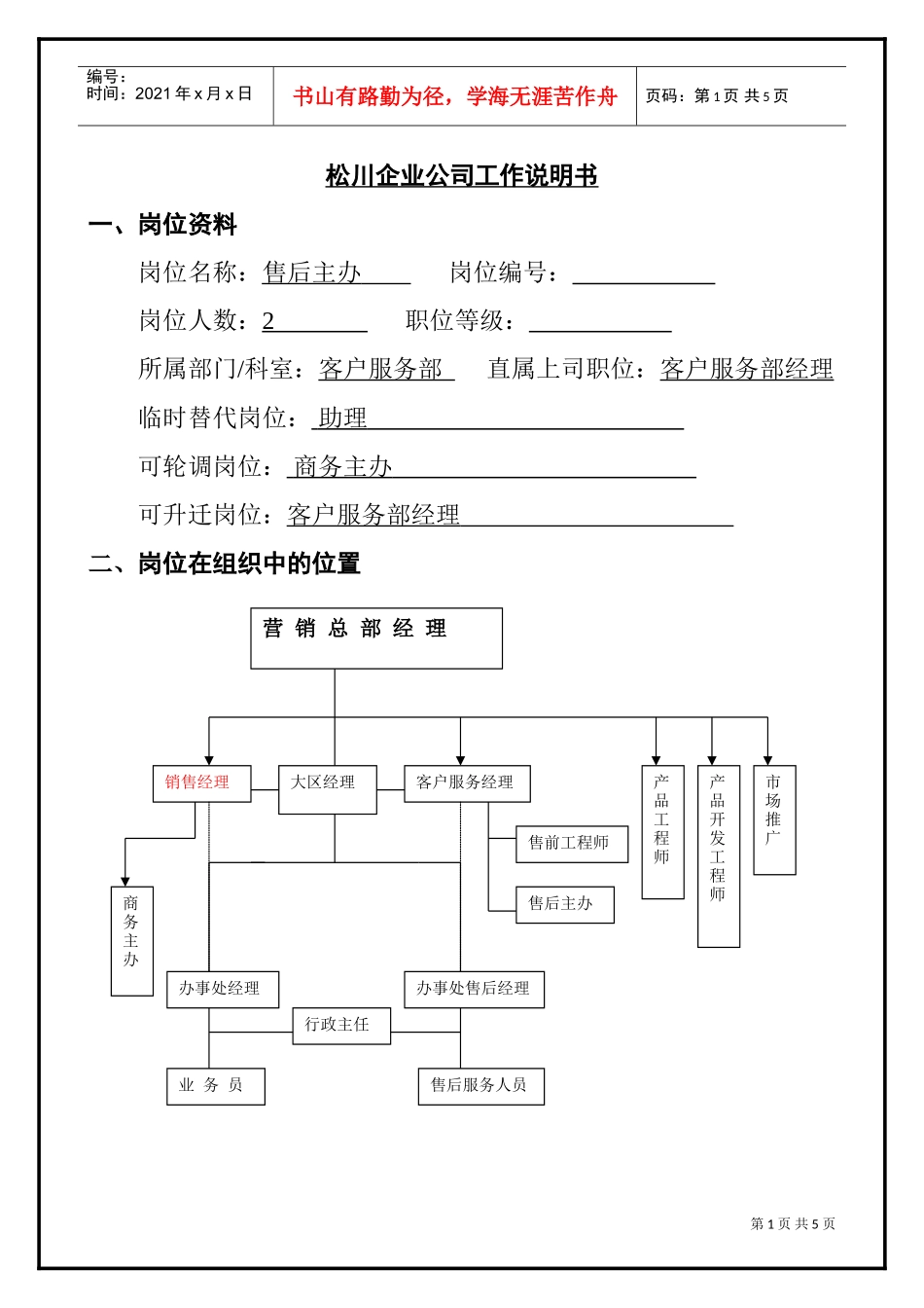 售后主办岗位说明书_第1页