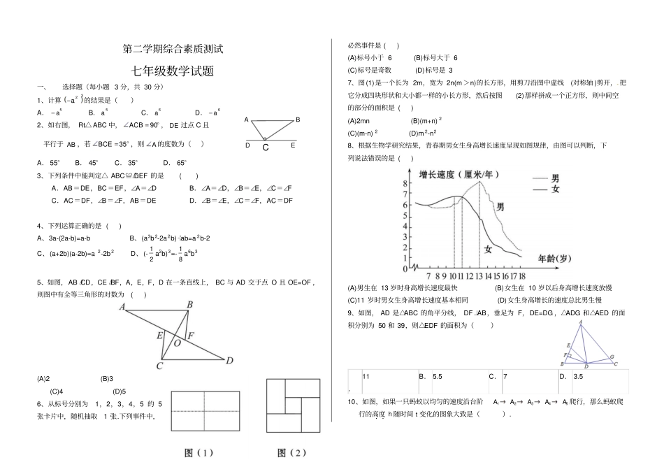 2018-2019学年度七年级下综合素质测试数学试题_第1页
