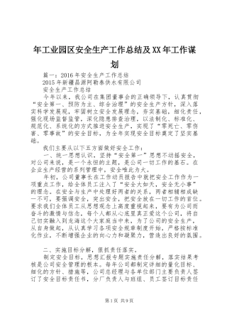 年工业园区安全生产工作总结及XX年工作谋划