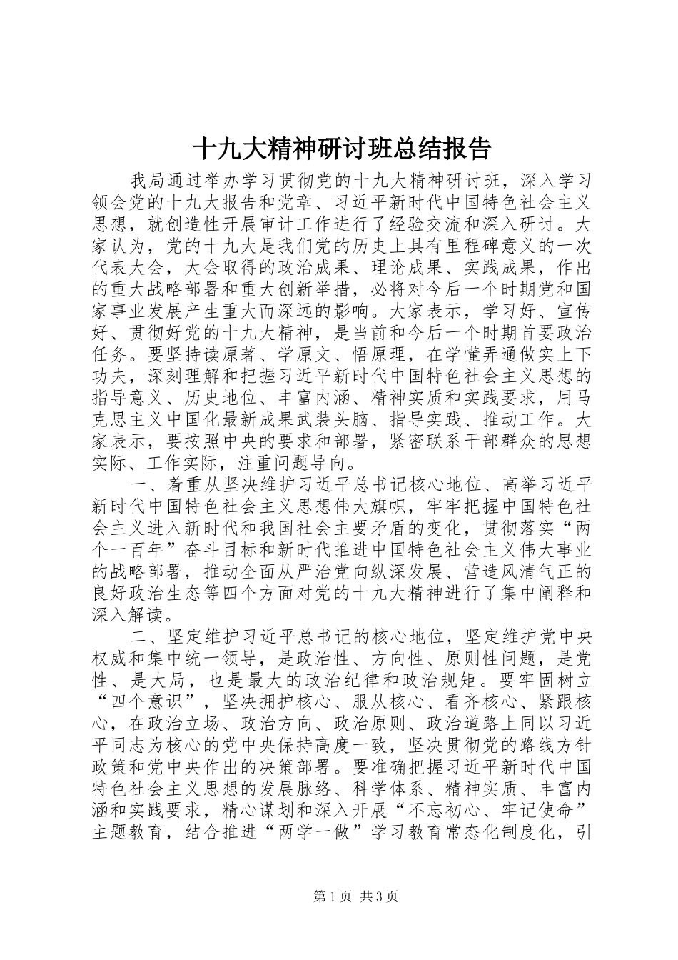 十九大精神研讨班总结报告_第1页