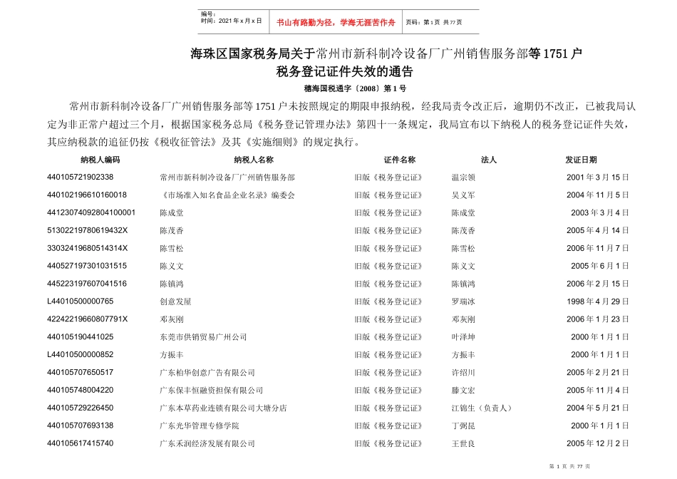 常州市新科制冷设备厂广州销售服务部等1751户税务登记证件失_第1页