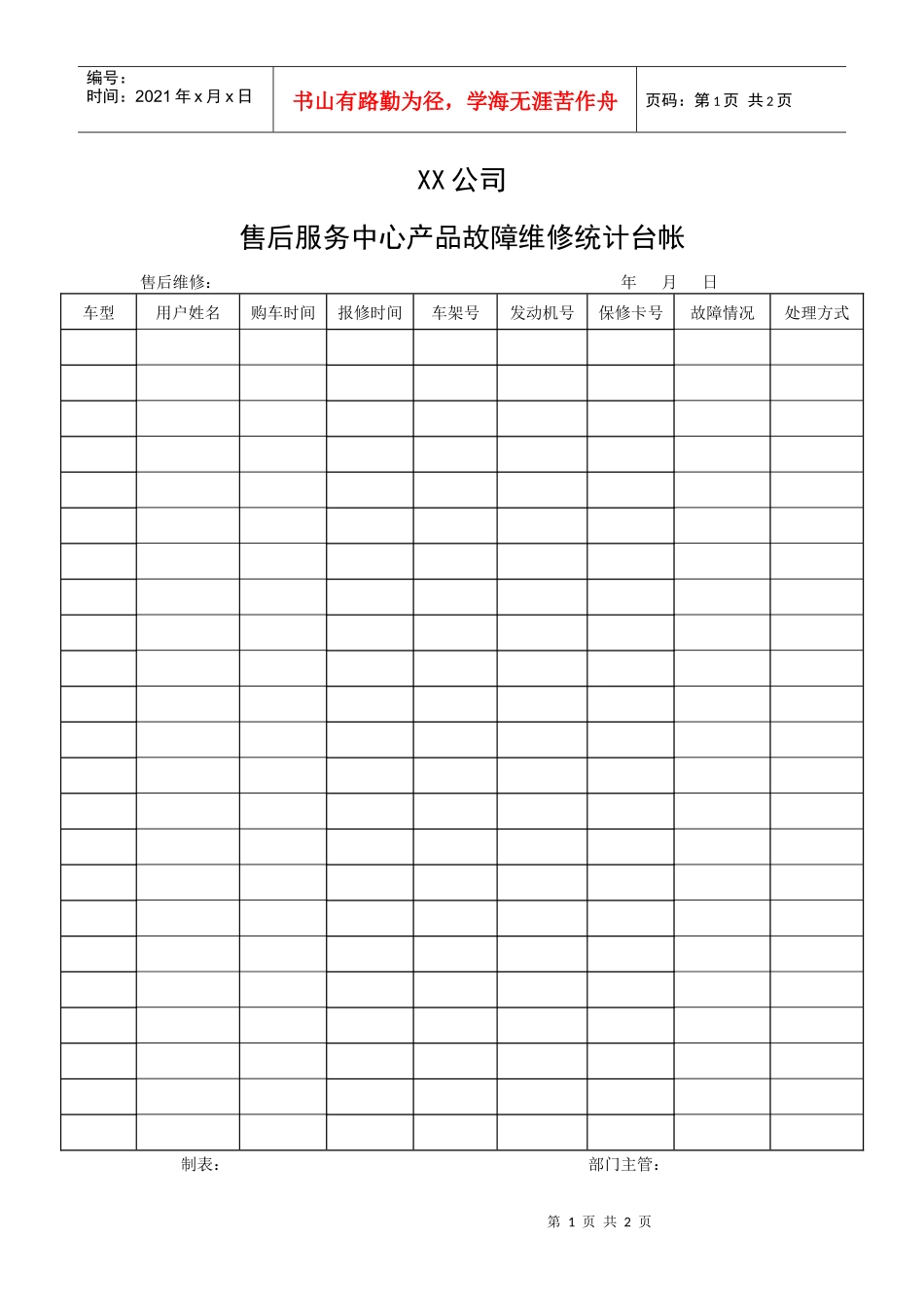 售后服务中心产品故障维修统计台帐_第1页
