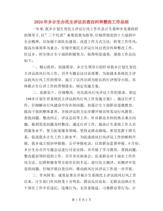2024年乡计生办民主评议自查自纠和整改工作总结