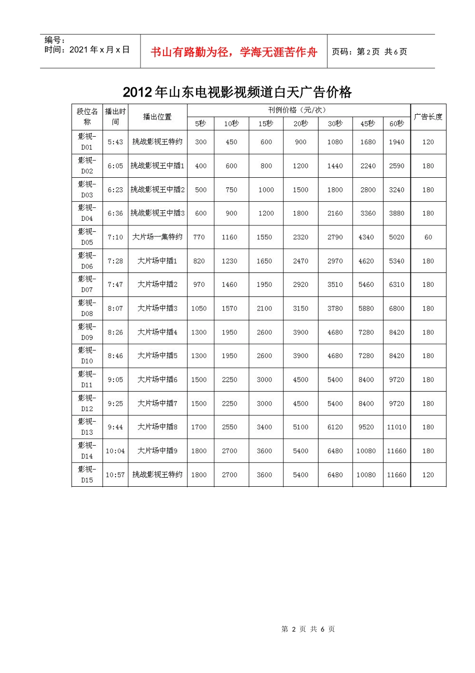 山东影视频道广告价格表_第2页