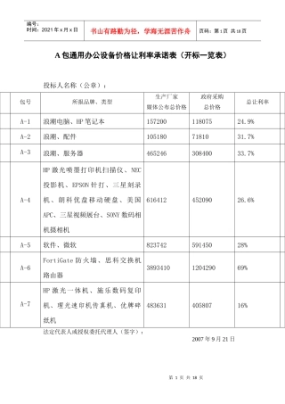 A包通用办公设备价格让利率承诺表(开标一览表)