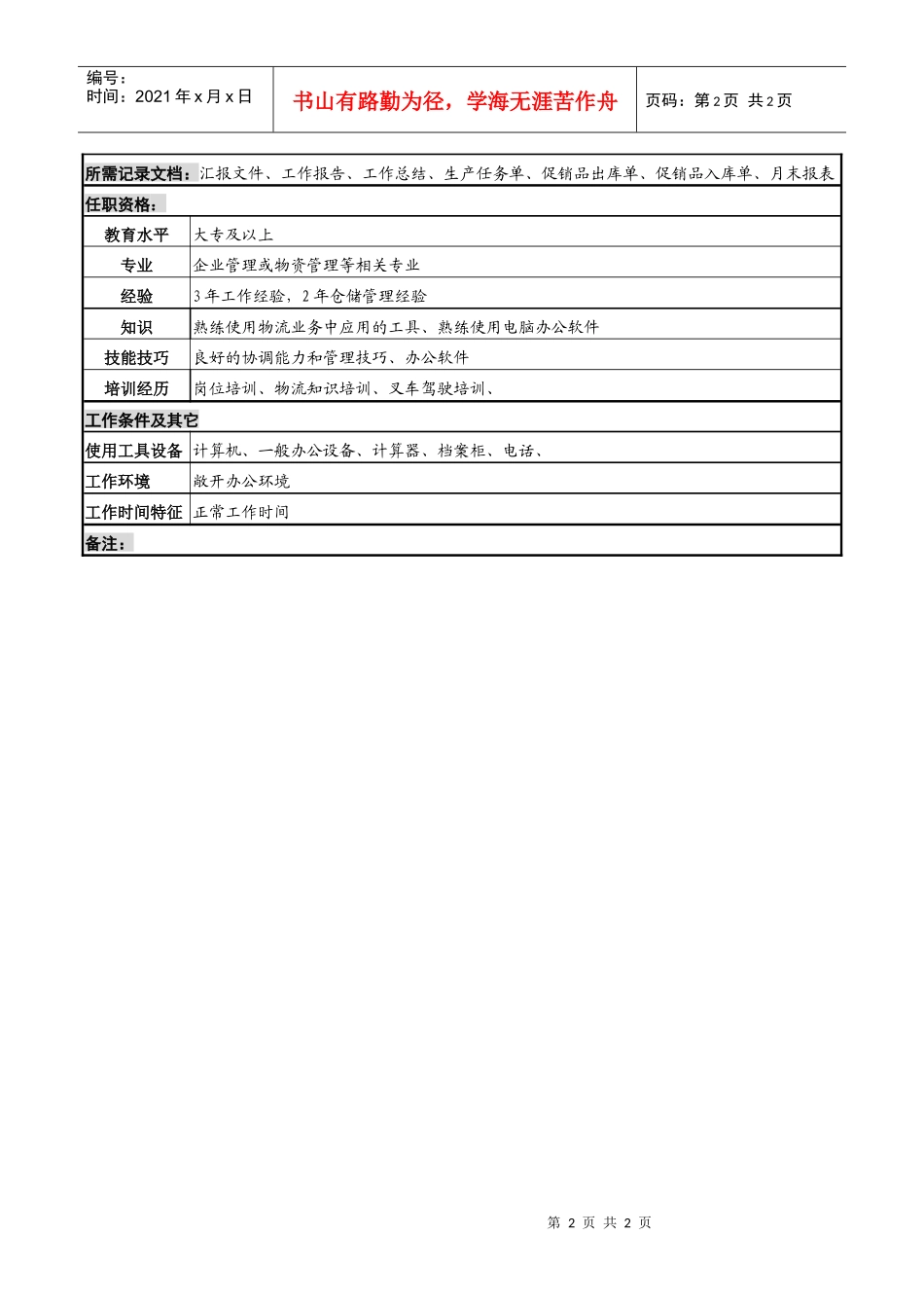 化妆品公司促销品库主管岗位说明书_第2页