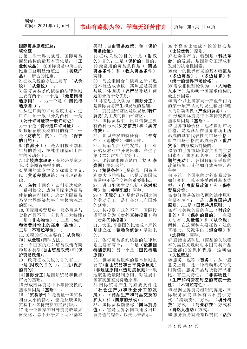 国际贸易管理知识原理小条版_第1页