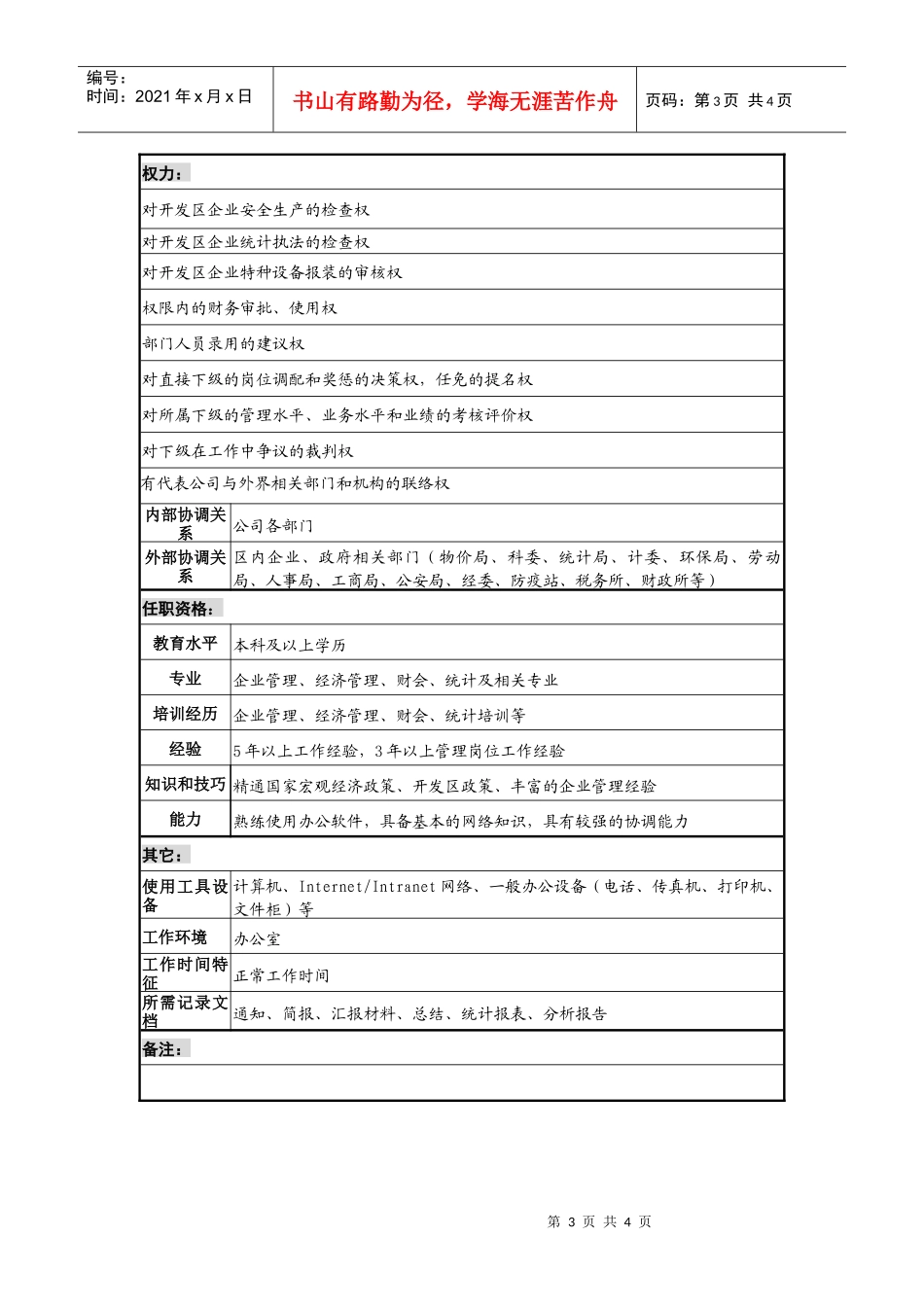 工业园企业管理服务部经理岗位说明书_第3页