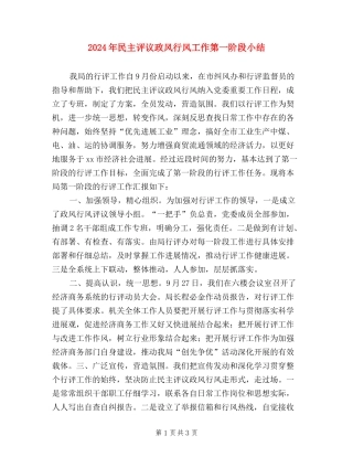 2024年民主评议政风行风工作第一阶段小结