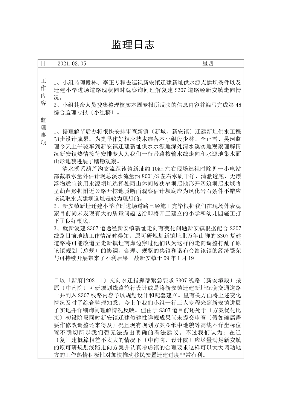 新安镇迁建新址供水源点建坝条件以及迁建小学进场道路现状监理日志_第1页