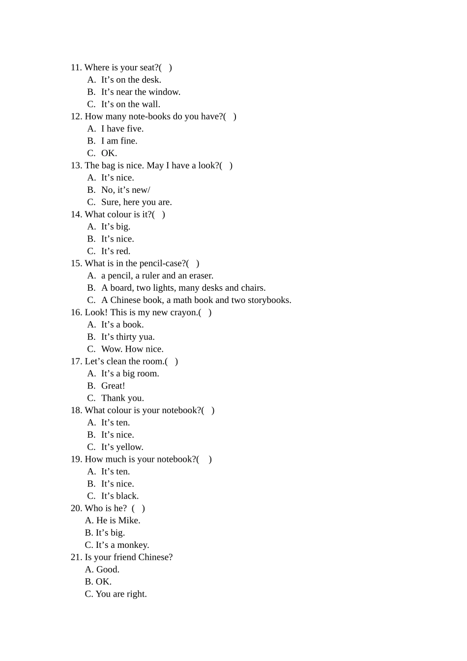 四年级英语根据问句选择正确答案Unit 1Recycle 1 _第2页
