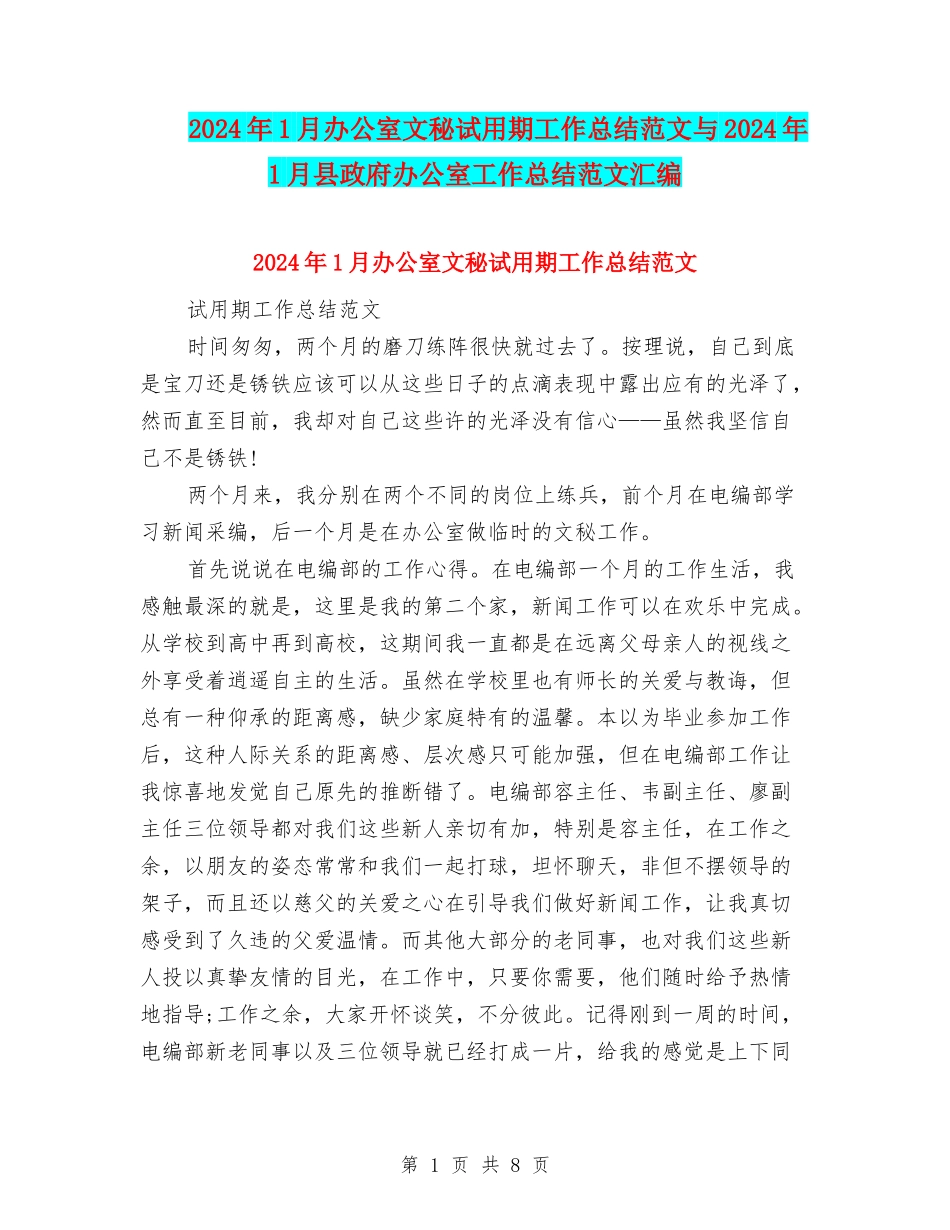 2024年1月办公室文秘试用期工作总结范文与2024年1月县政府办公室工作总结范文汇编_第1页